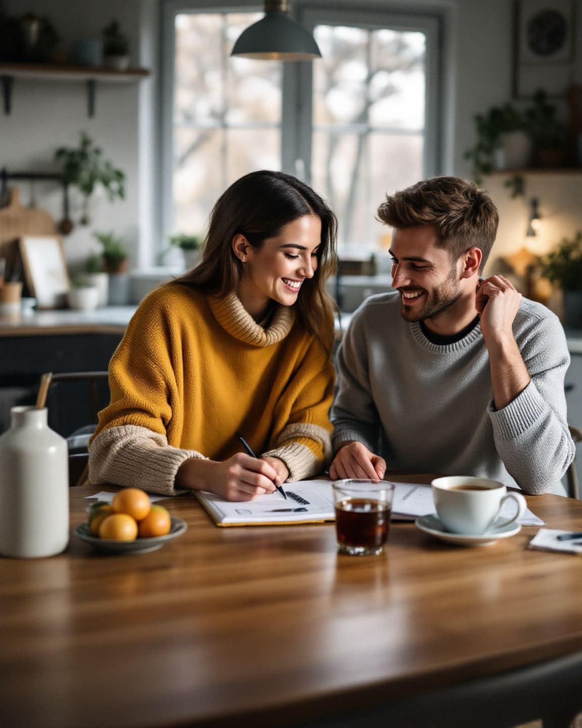 A couple talks through their budget together at a kitchen table.