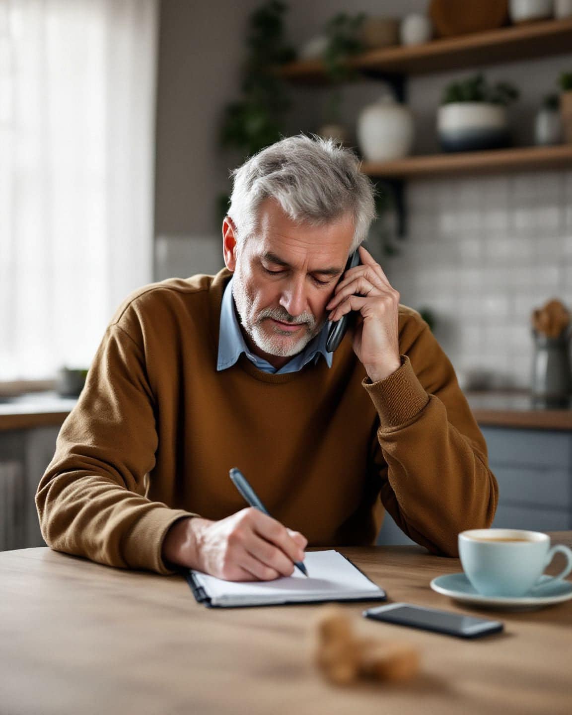 A man takes notes during a phone call at his kitchen table.