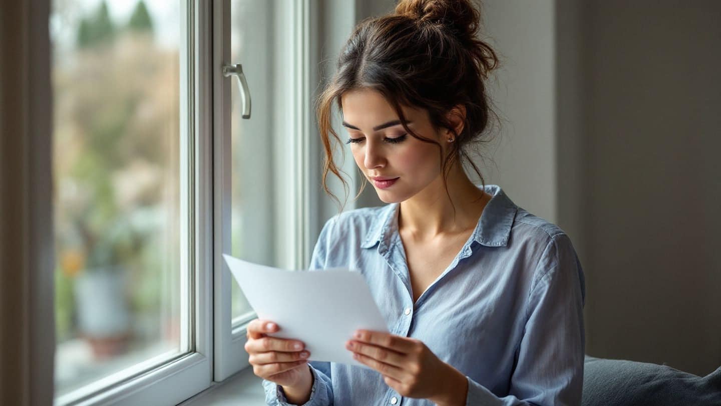 A woman reads a letter thoughtfully by a window.