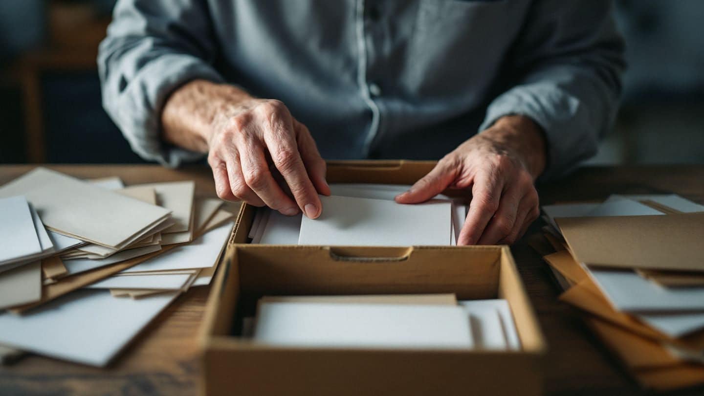 An older man sorts old envelopes into a box at his desk.