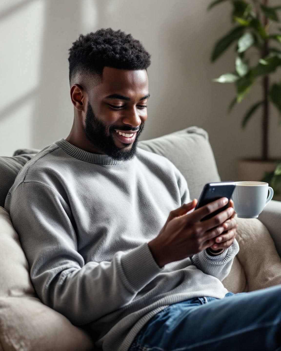 A young man checks his phone on a sofa with a mug of tea.