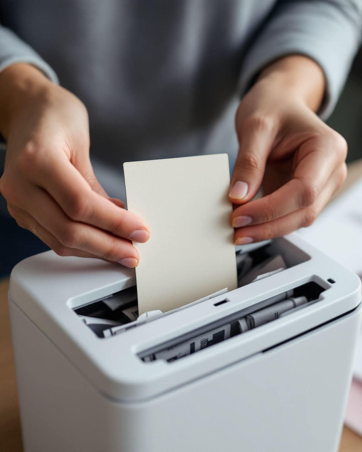 Hands feed an old card into a paper shredder.